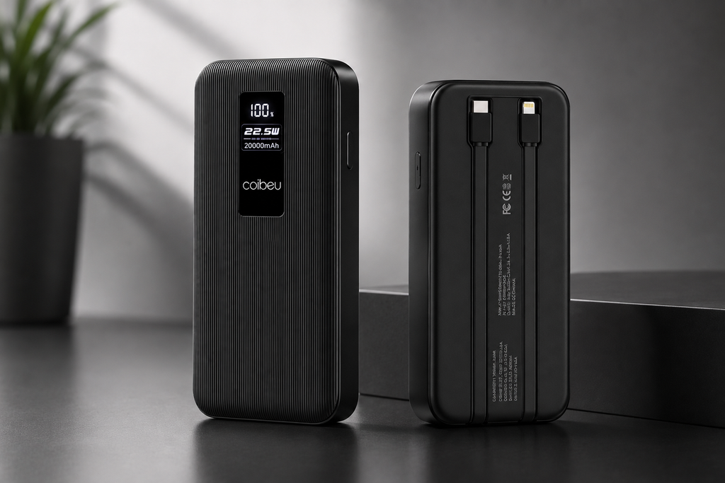 Power Bank Premium 22.5W com Cabos Integrados, Display Digital e Carregamento Rápido
