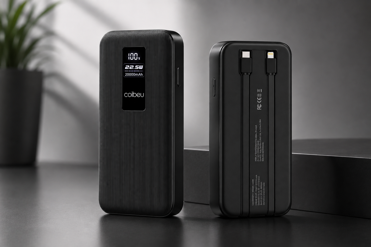 Power Bank Premium 22.5W com Cabos Integrados, Display Digital e Carregamento Rápido