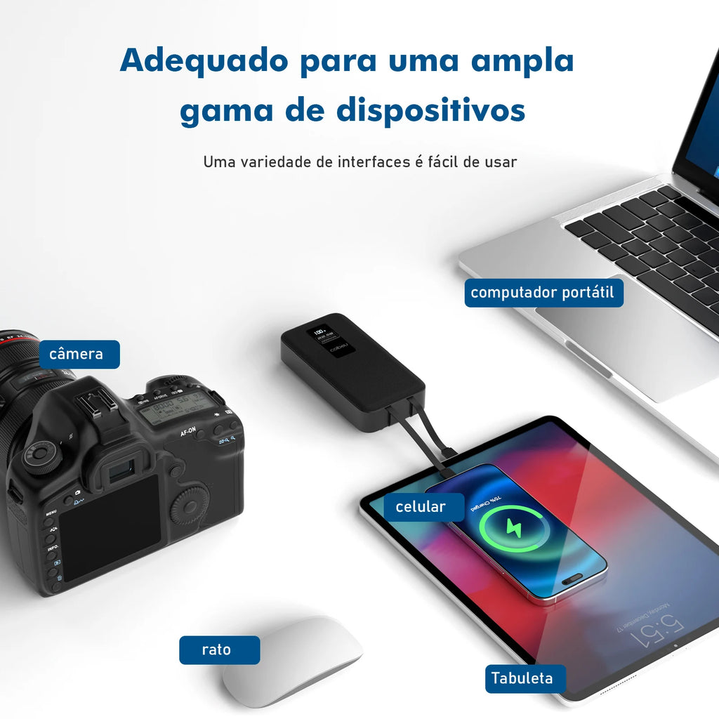 Power Bank Premium 22.5W com Cabos Integrados, Display Digital e Carregamento Rápido