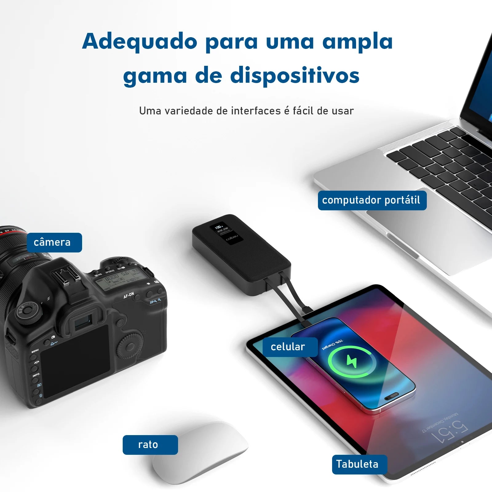 Power Bank Premium 22.5W com Cabos Integrados, Display Digital e Carregamento Rápido