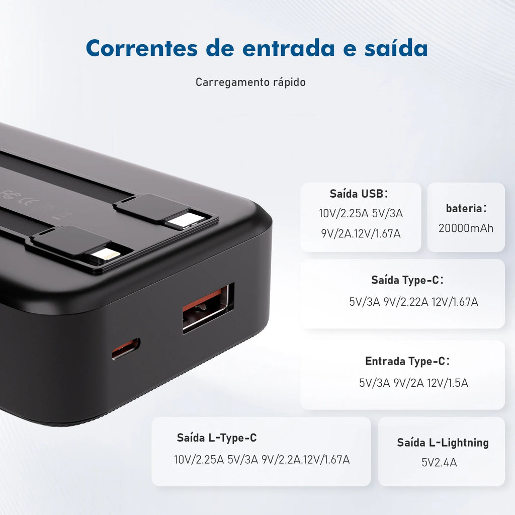 Power Bank Premium 22.5W com Cabos Integrados, Display Digital e Carregamento Rápido