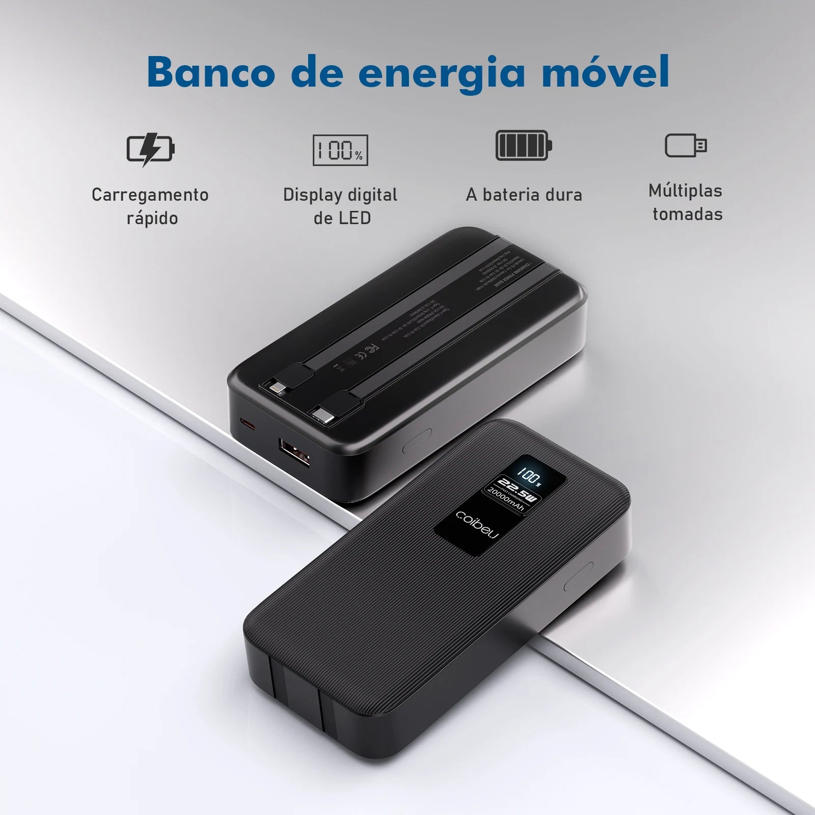 Power Bank Premium 22.5W com Cabos Integrados, Display Digital e Carregamento Rápido