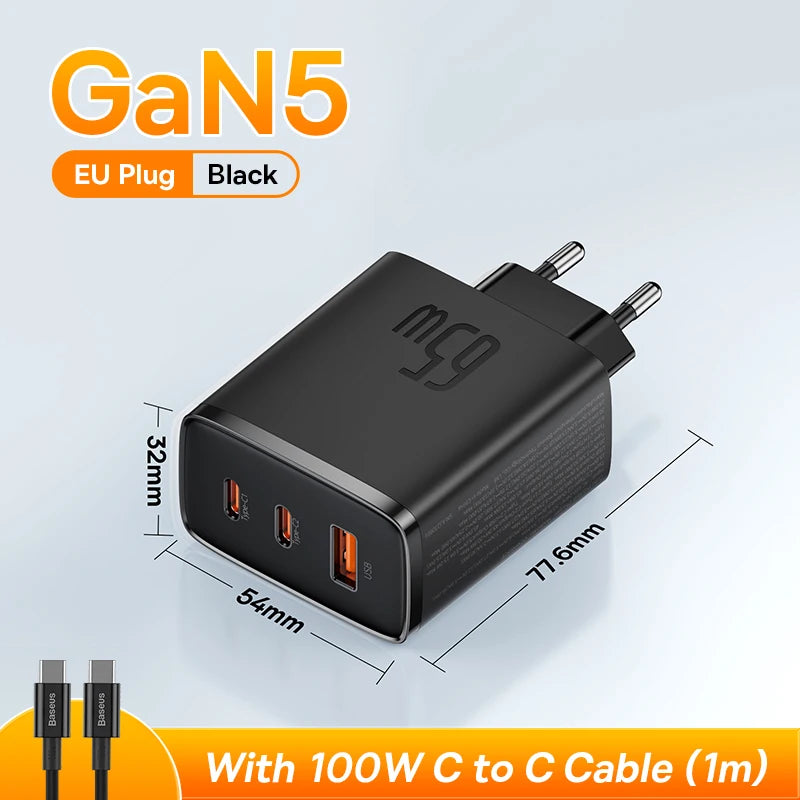 Carregador Baseus GaN 65W USB-C PD | Carregamento Rápido