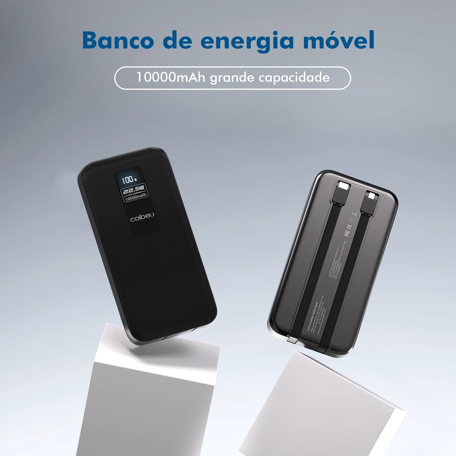 Power Bank Premium 22.5W com Cabos Integrados, Display Digital e Carregamento Rápido