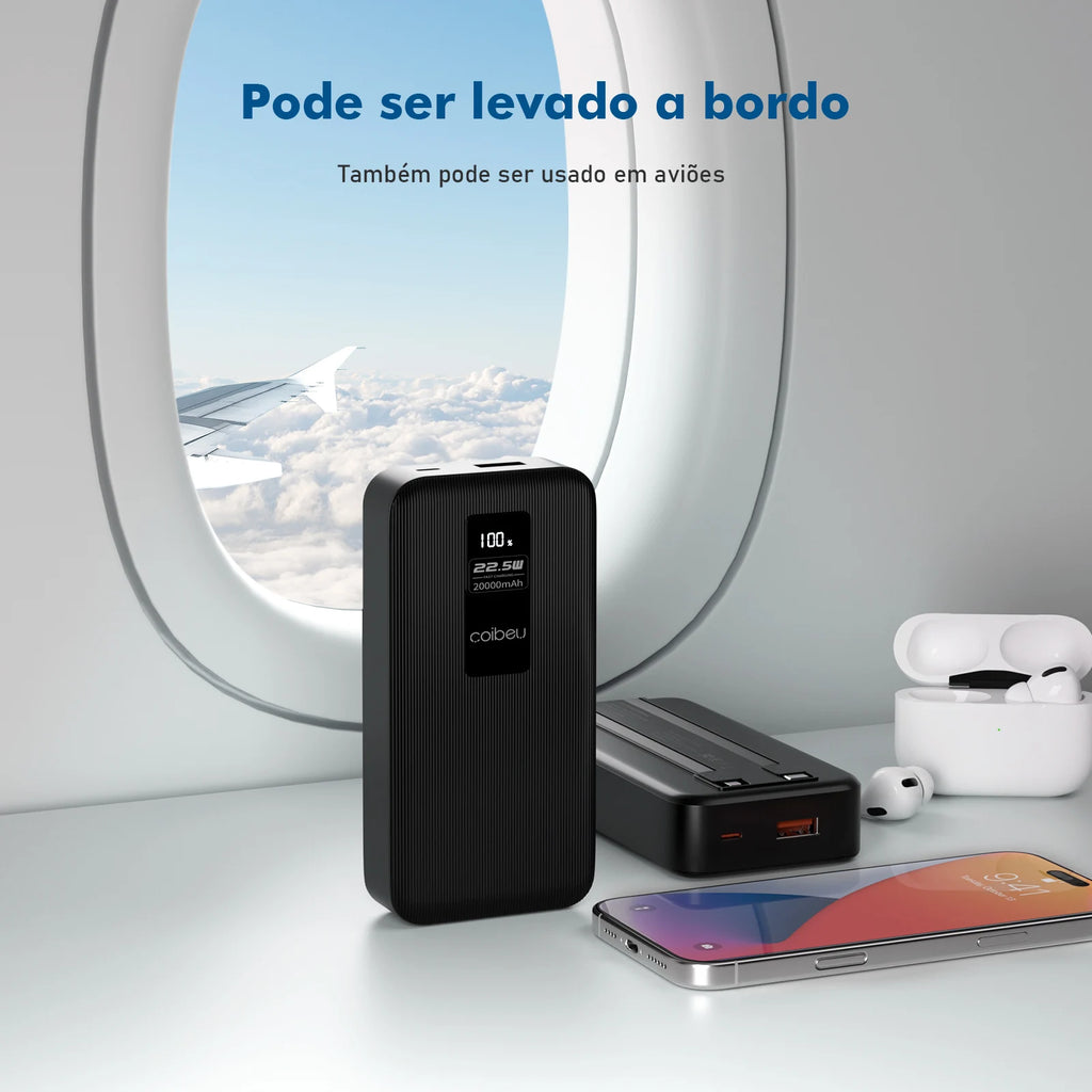 Power Bank Premium 22.5W com Cabos Integrados, Display Digital e Carregamento Rápido