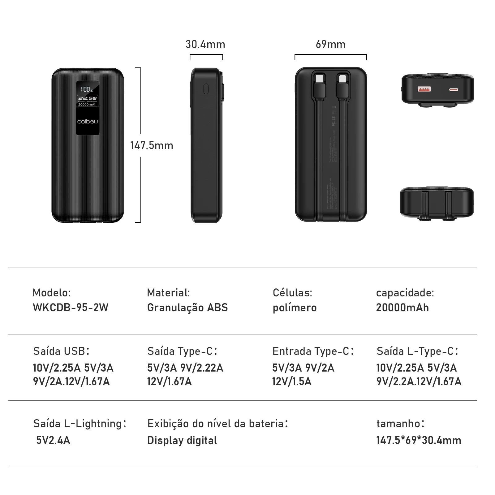 Power Bank Premium 22.5W com Cabos Integrados, Display Digital e Carregamento Rápido