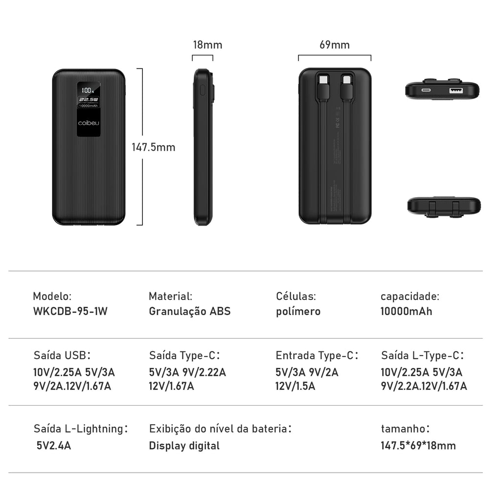Power Bank Premium 22.5W com Cabos Integrados, Display Digital e Carregamento Rápido