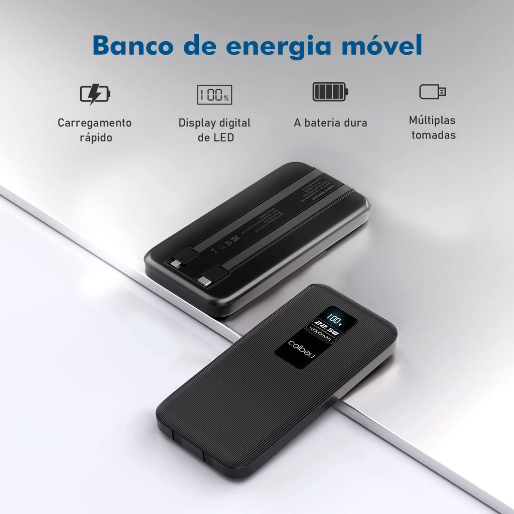 Power Bank Premium 22.5W com Cabos Integrados, Display Digital e Carregamento Rápido