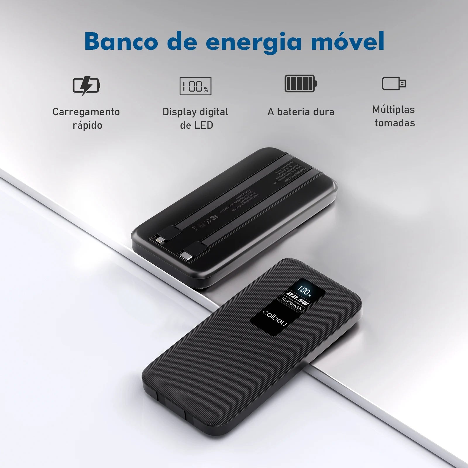 Power Bank Premium 22.5W com Cabos Integrados, Display Digital e Carregamento Rápido