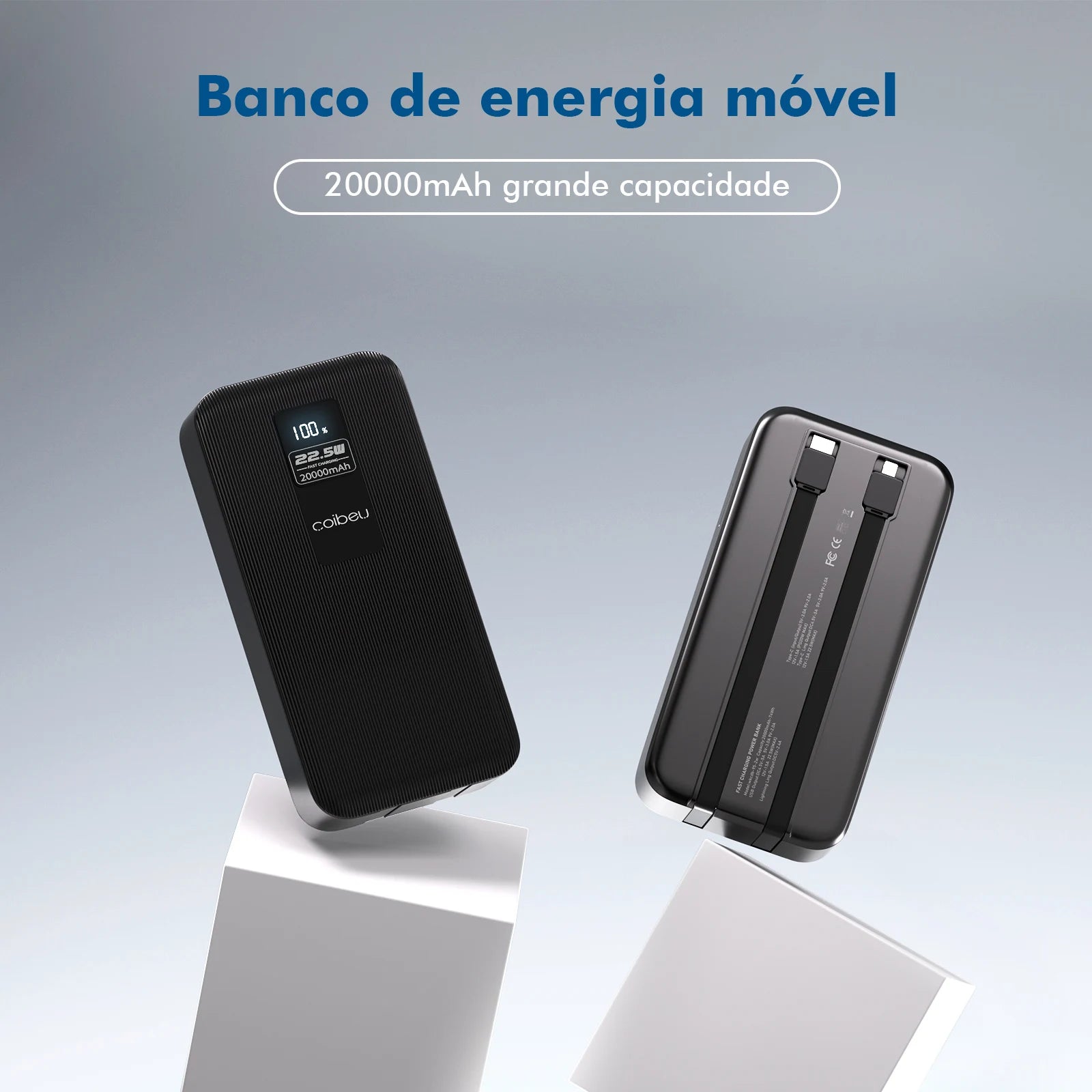 Power Bank Premium 22.5W com Cabos Integrados, Display Digital e Carregamento Rápido