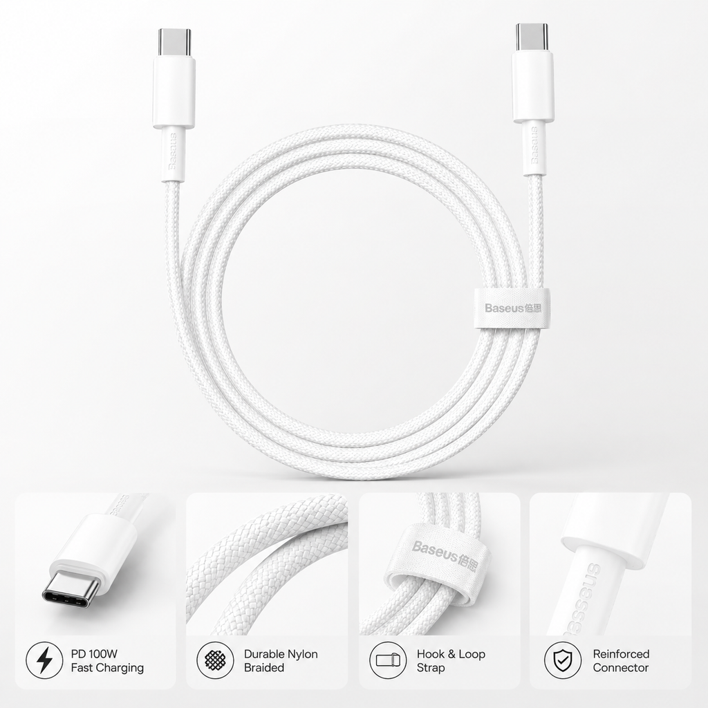 Cabo USB-C Baseus 100W PD | Carregamento Rápido e Alta Durabilidade