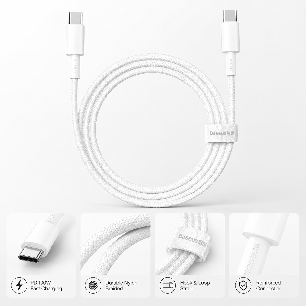 Cabo USB-C Baseus 100W PD | Carregamento Rápido e Alta Durabilidade