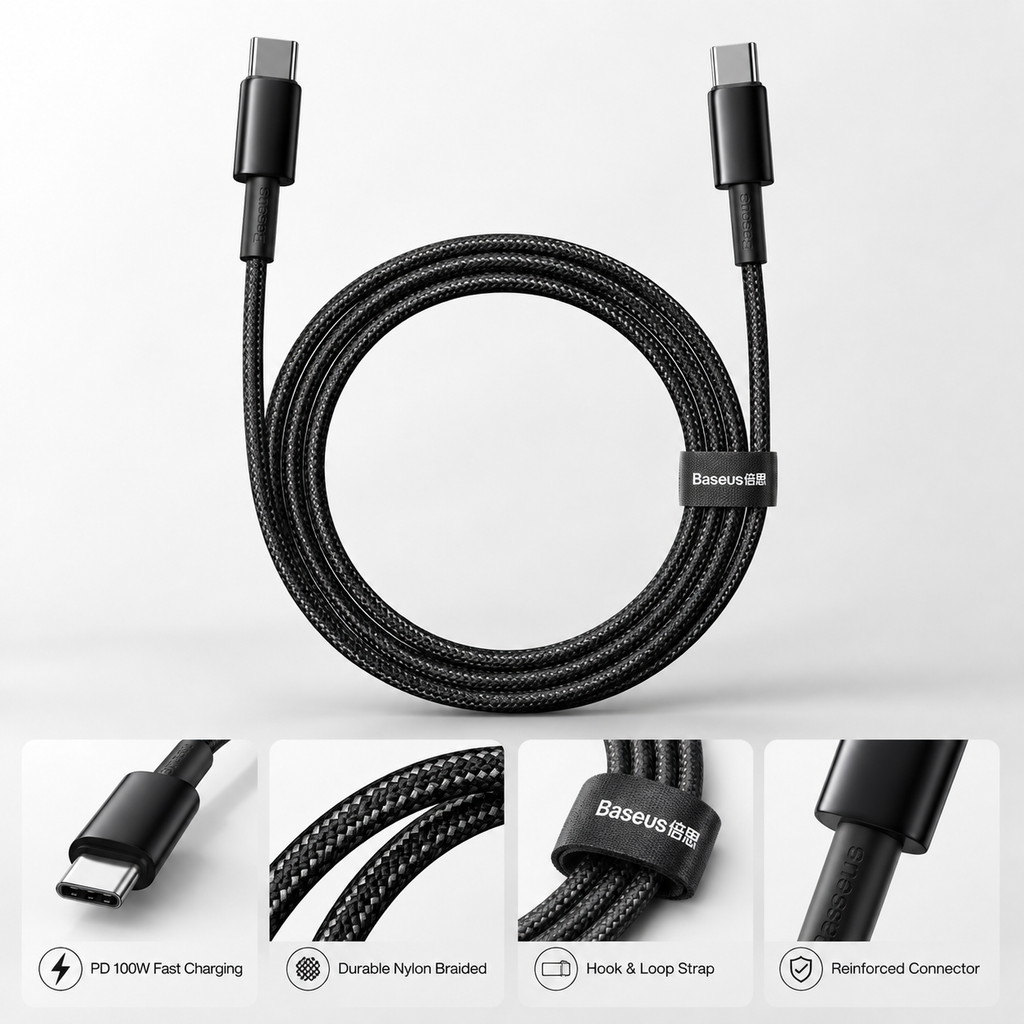 Cabo USB-C Baseus 100W PD | Carregamento Rápido e Alta Durabilidade