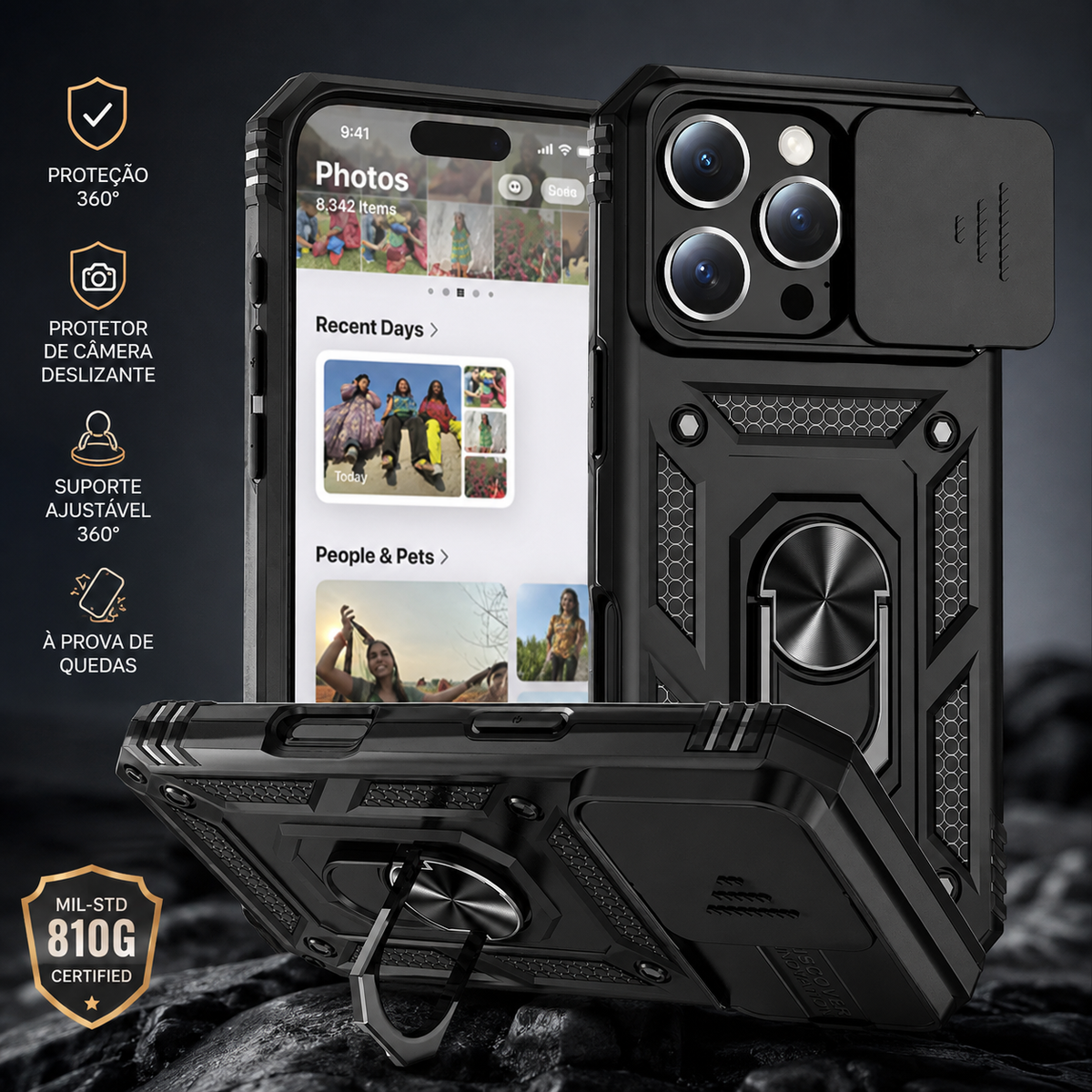 Capa Armor Magnética com Suporte Giratório para iPhone | Proteção Militar