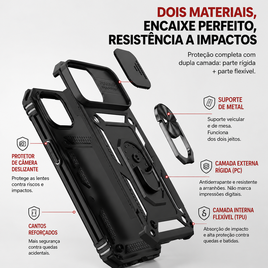 Capa Armor Magnética com Suporte Giratório para iPhone | Proteção Militar
